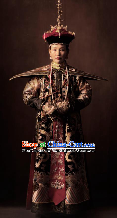 Traditional Ancient Chinese Qing Dynasty Manchu Lady Empress Dowager Embroidered Costume and Headpiece Complete Set