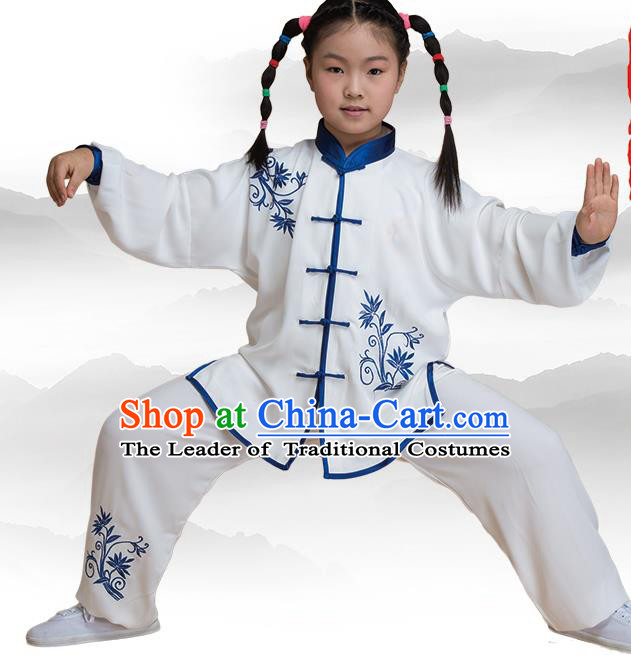 Traditional Chinese Kung Fu Embroidered Blue Uniform Costume, China Martial Arts Tai Ji Clothing for Kids