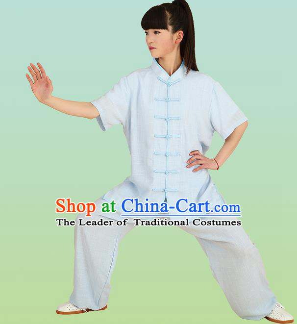Chinese Linen Kung Fu Short Sleeve Blue Costume, China Traditional Martial Arts Kung Fu Tai Ji Plated Buttons Uniform for Women
