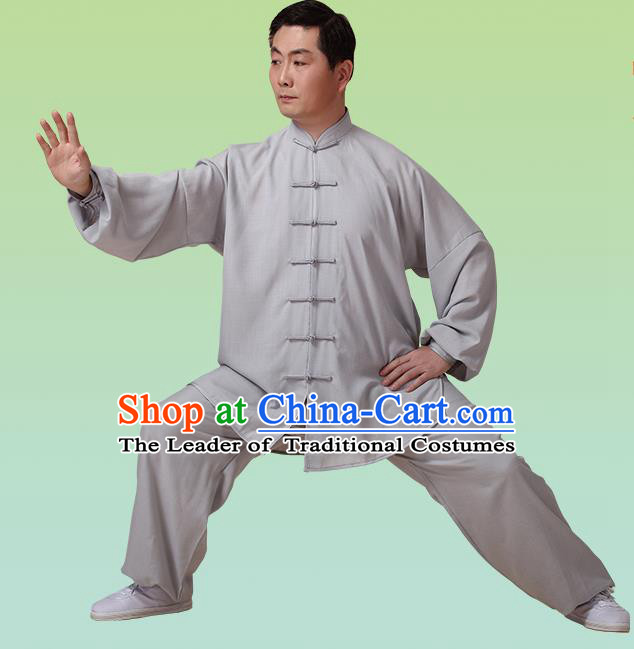 Top Grade Chinese Linen Kung Fu Costume, China Traditional Martial Arts Kung Fu Training Grey Uniform Wushu Clothing for Adult