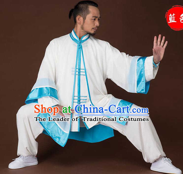 Traditional Chinese Kung Fu Costume Complete Set, China Martial Arts Blue Uniform Tai Ji Tang Suit Clothing for Men