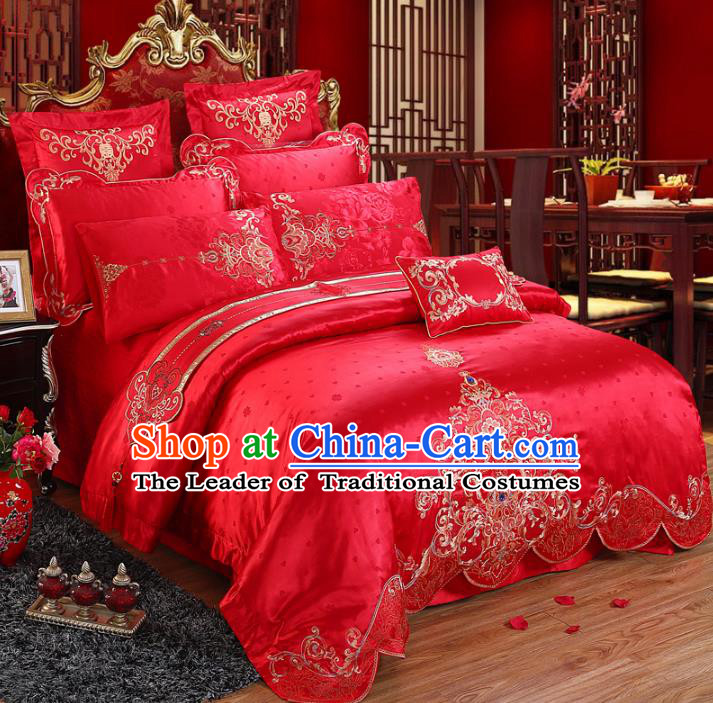 Traditional Chinese Style Wedding Bedding Article Embroidery Dragon and Phoenix Sheet and Duvet Cover Red Textile Bedding Suit