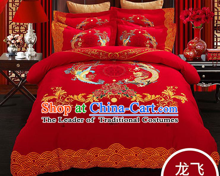 Traditional Chinese Wedding Red Qulit Cover Printing Dragon Phoenix Bedding Sheet Four-piece Duvet Cover Textile Complete Set