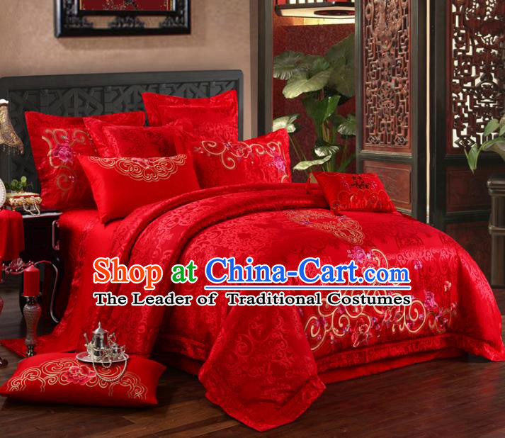 Traditional Chinese Style Wedding Bedding Article Embroidery Dragon and Phoenix Sheet and Duvet Cover Red Textile Bedding Suit