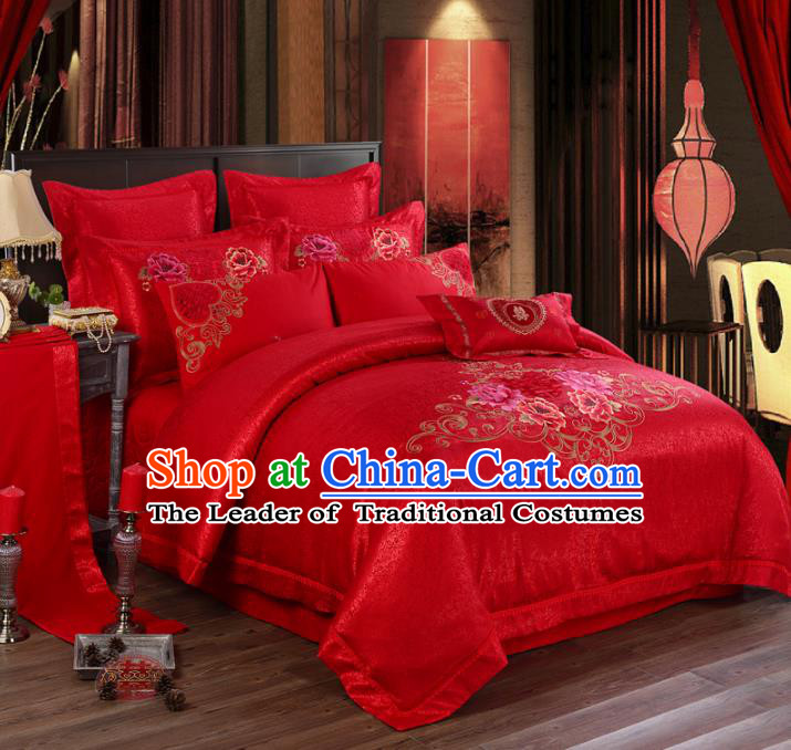 Traditional Chinese Style Wedding Bedding Article Embroidery Dragon and Phoenix Sheet and Duvet Cover Red Textile Bedding Suit