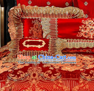 Traditional Chinese Style Wedding Bedding Article Embroidery Dragon and Phoenix Sheet and Duvet Cover Red Textile Bedding Suit