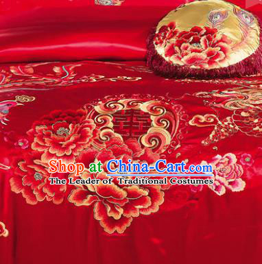 Traditional Chinese Style Wedding Bedding Article Embroidery Dragon and Phoenix Sheet and Duvet Cover Red Textile Bedding Suit