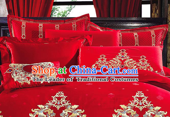 Traditional Chinese Style Wedding Bedding Article Embroidery Dragon and Phoenix Sheet and Duvet Cover Red Textile Bedding Suit