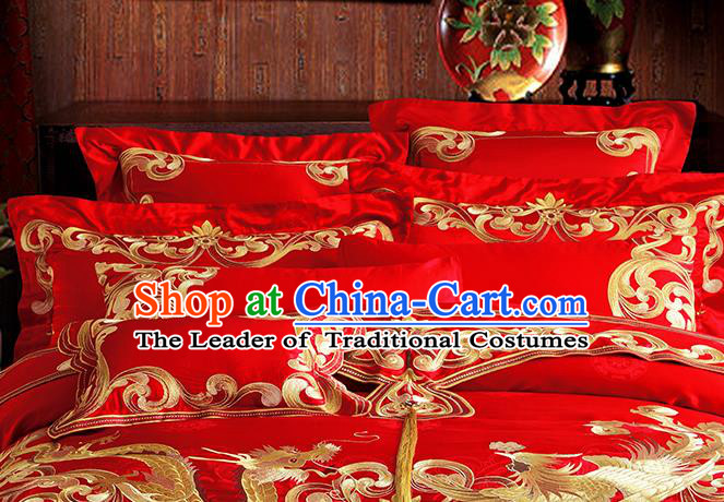 Traditional Chinese Style Wedding Bedding Article Embroidery Dragon and Phoenix Sheet and Duvet Cover Red Textile Bedding Suit