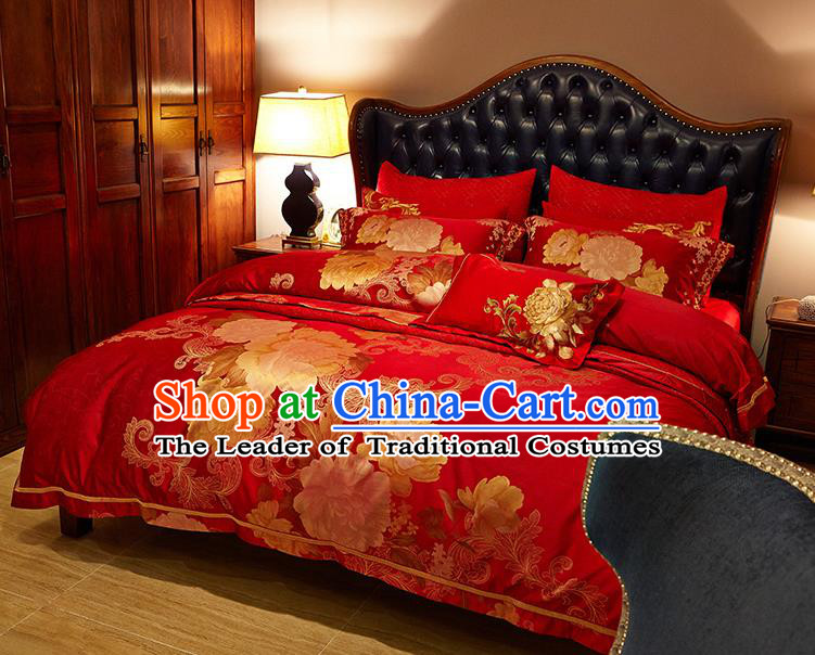 Traditional Chinese Style Wedding Bedding Article Embroidery Dragon and Phoenix Sheet and Duvet Cover Red Textile Bedding Suit