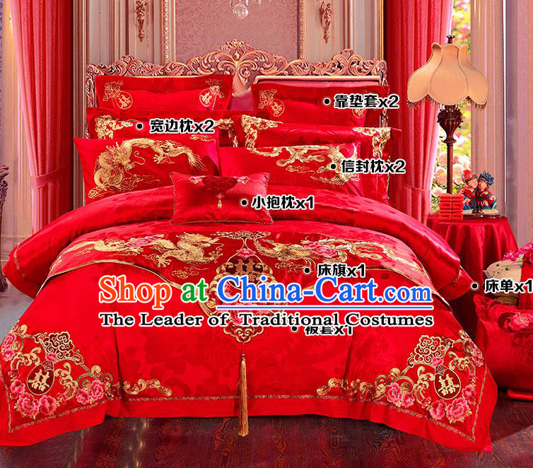 Traditional Chinese Style Wedding Bedding Article Embroidery Dragon and Phoenix Sheet and Duvet Cover Red Textile Bedding Suit