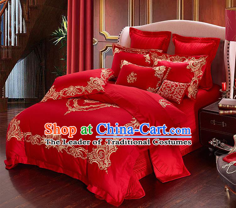 Traditional Chinese Style Wedding Bedding Article Embroidery Dragon and Phoenix Sheet and Duvet Cover Red Textile Bedding Suit