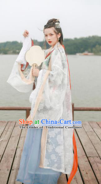 Traditional Chinese Jin Dynasty Palace Lady Hanfu Costume Embroidered Wide Sleeve Cardigan for Women