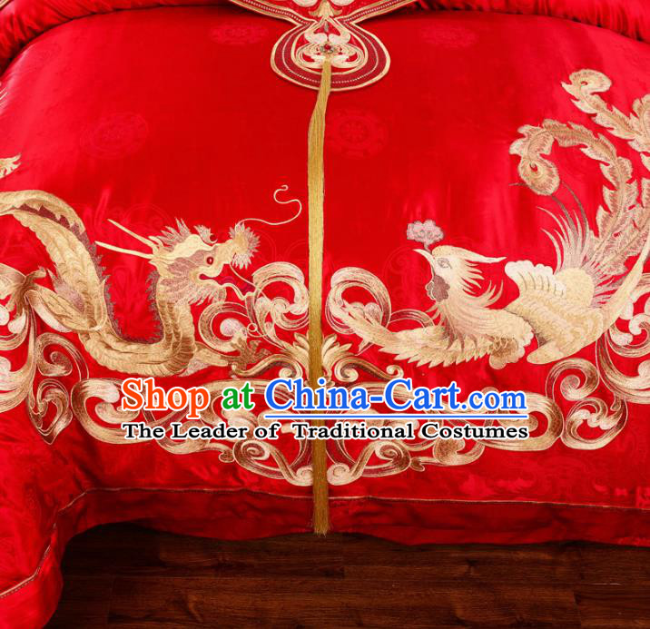 Traditional Chinese Style Wedding Bedding Article Embroidery Dragon and Phoenix Sheet and Duvet Cover Red Textile Bedding Suit