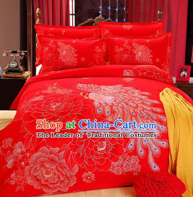 Traditional Chinese Wedding Red Printing Peacock Four-piece Bedclothes Duvet Cover Textile Qulit Cover Bedding Sheet Complete Set