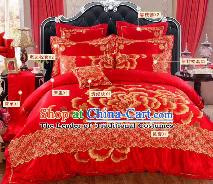 Traditional Chinese Style Wedding Bedding Article Embroidery Dragon and Phoenix Sheet and Duvet Cover Red Textile Bedding Suit