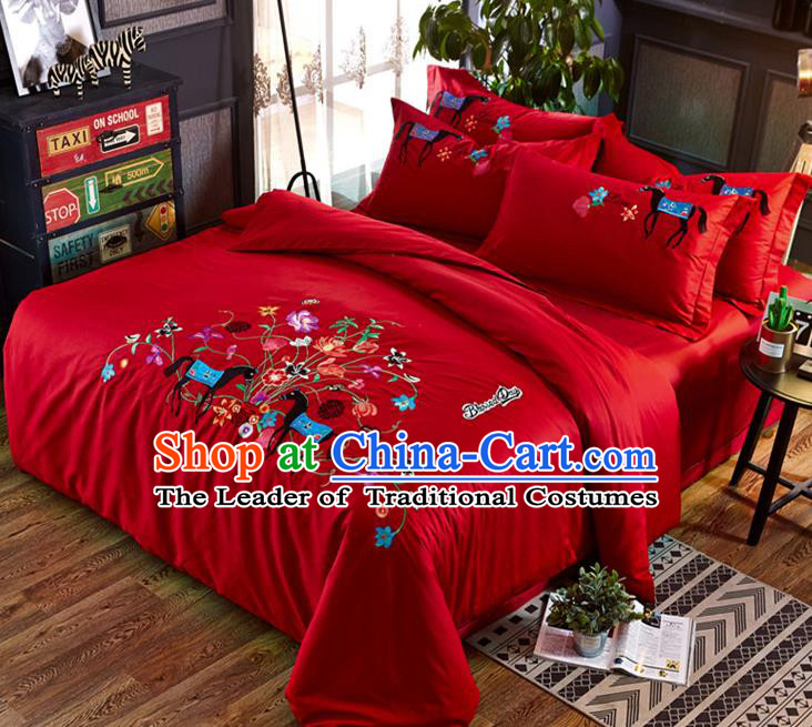 Traditional Chinese Wedding Embroidered Flowers Red Satin Six-piece Bedclothes Duvet Cover Textile Qulit Cover Bedding Sheet Complete Set