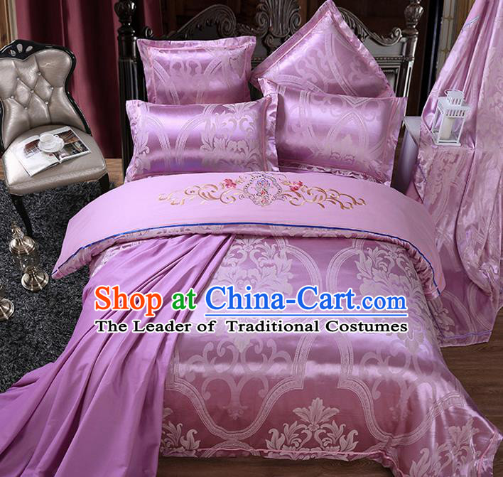 Traditional Chinese Wedding Embroidered Flowers Purple Satin Six-piece Bedclothes Duvet Cover Textile Qulit Cover Bedding Sheet Complete Set