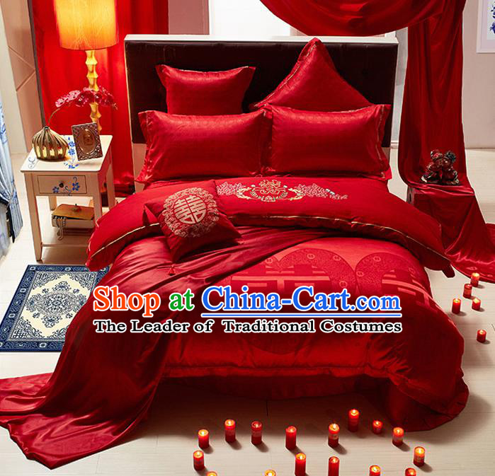 Traditional Chinese Wedding Embroidered Red Satin Six-piece Bedclothes Duvet Cover Textile Qulit Cover Bedding Sheet Complete Set