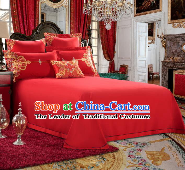Traditional Chinese Style Wedding Bedding Article Embroidery Dragon and Phoenix Sheet and Duvet Cover Red Textile Bedding Suit