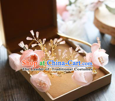 Chinese Traditional Bride Hair Jewelry Accessories Baroque Wedding Pink Flowers Royal Crown for Women