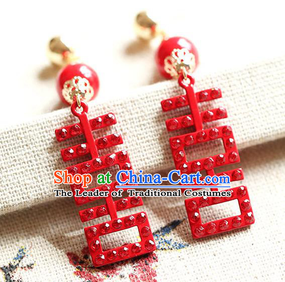 Chinese Traditional Bride Jewelry Accessories Princess Wedding Xiuhe Suit Red Xi Character Tassel Earrings for Women