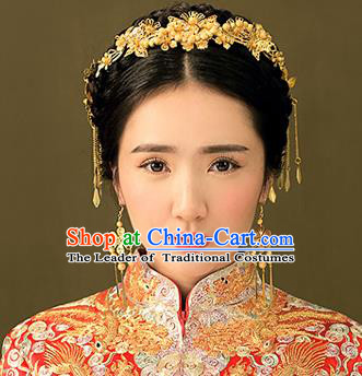 Chinese Traditional Bride Hair Jewelry Accessories Palace Xiuhe Suit Golden Hairpins Wedding Tassel Headwear for Women