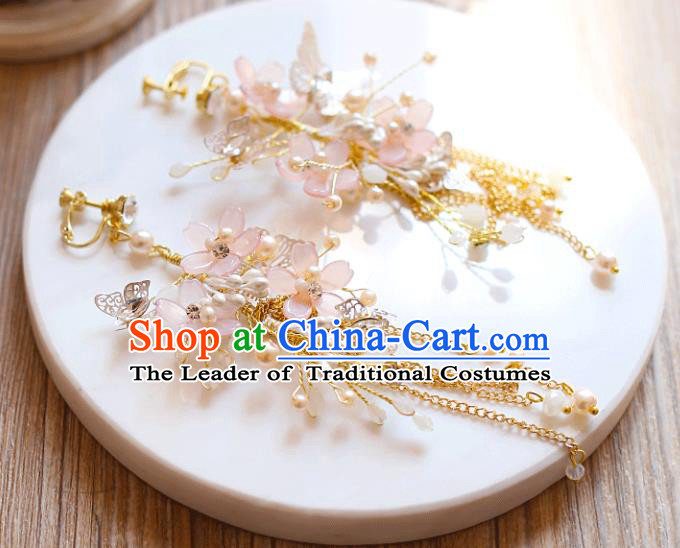Chinese Traditional Bride Jewelry Accessories Eardrop Princess Wedding Pink Flowers Tassel Earrings for Women