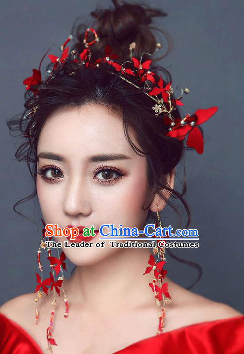 Chinese Traditional Bride Hair Jewelry Accessories Wedding Baroque Retro Red Flowers Hair Clasp for Women