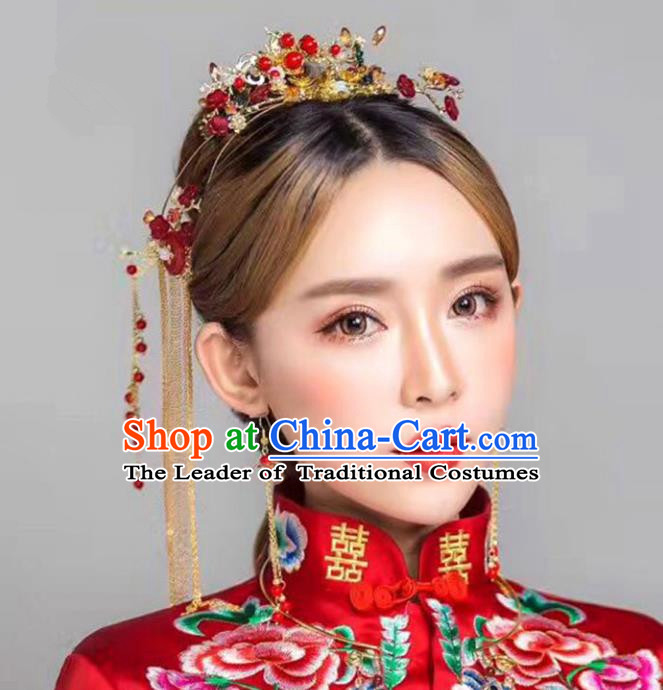 Chinese Traditional Bride Hair Accessories Xiuhe Suit Palace Red Phoenix Coronet Wedding Hairpins for Women