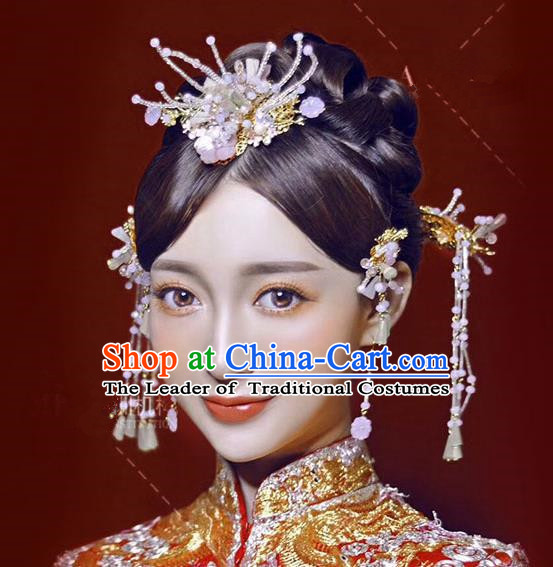 Chinese Traditional Bride Hair Accessories Xiuhe Suit Flowers Phoenix Coronet Wedding Hairpins Complete Set for Women