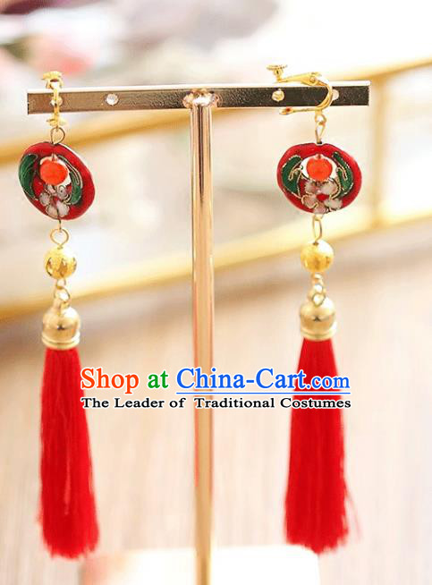Chinese Traditional Bride Jewelry Accessories Xiuhe Suit Cloisonn Earrings Wedding Red Tassel Eardrop for Women