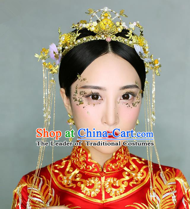 Chinese Traditional Bride Hair Accessories Xiuhe Suit Phoenix Coronet Wedding Flowers Hairpins Complete Set for Women