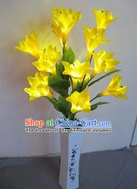 Chinese Traditional Electric LED Lantern Desk Lamp Home Decoration Yellow Greenish Lily Flowers Lights