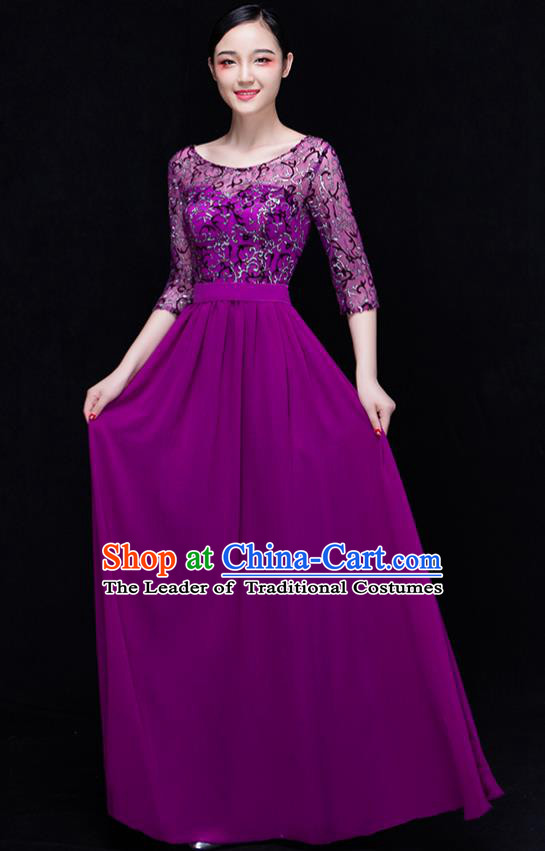 Traditional Chinese Modern Dance Costume Opening Dance Chorus Singing Group Purple Bubble Dress for Women