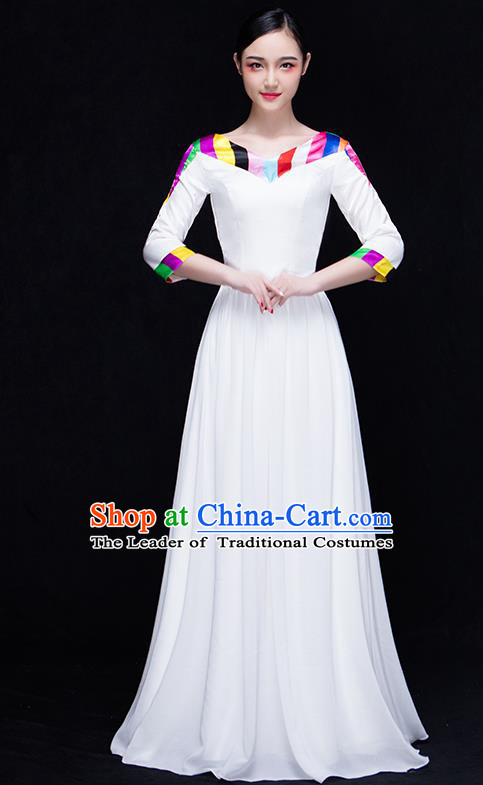 Traditional Chinese Modern Dance Costume, Opening Dance Chorus Singing Group White Dress for Women