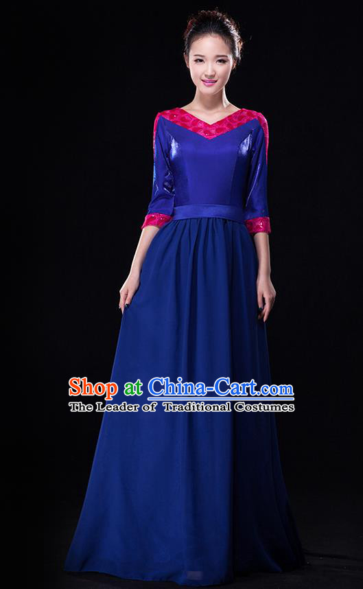 Traditional Chinese Modern Dance Costume, Opening Dance Chorus Singing Group Blue Dress Clothing for Women