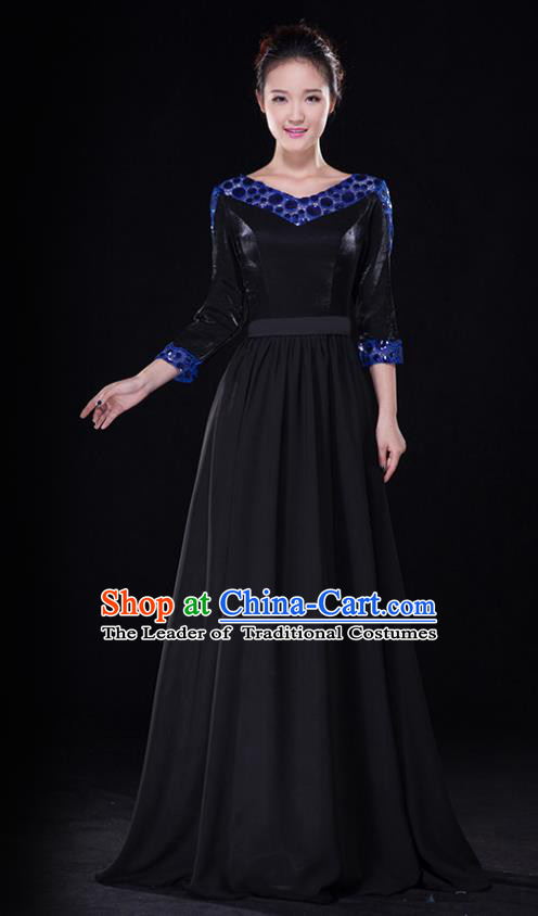 Traditional Chinese Modern Dance Costume, Opening Dance Chorus Singing Group Black Dress Clothing for Women