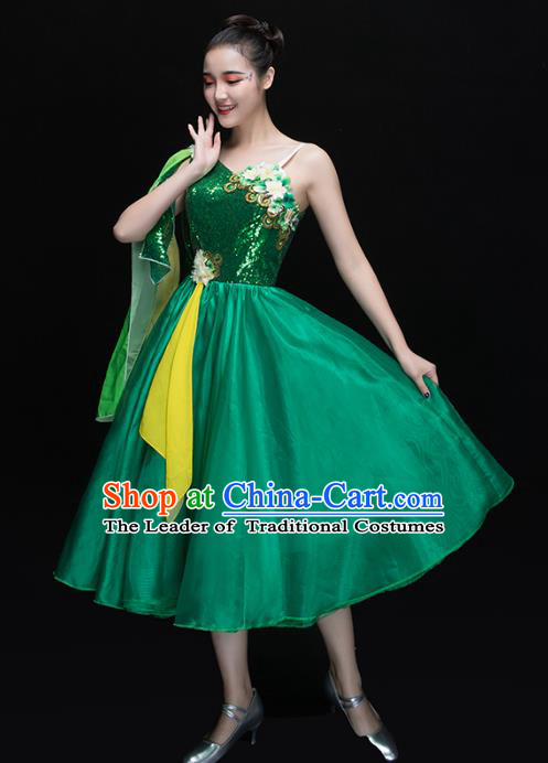 Traditional Chinese Modern Dance Fan Dance Costume, Opening Dance Chorus Green Bubble Dress Clothing for Women