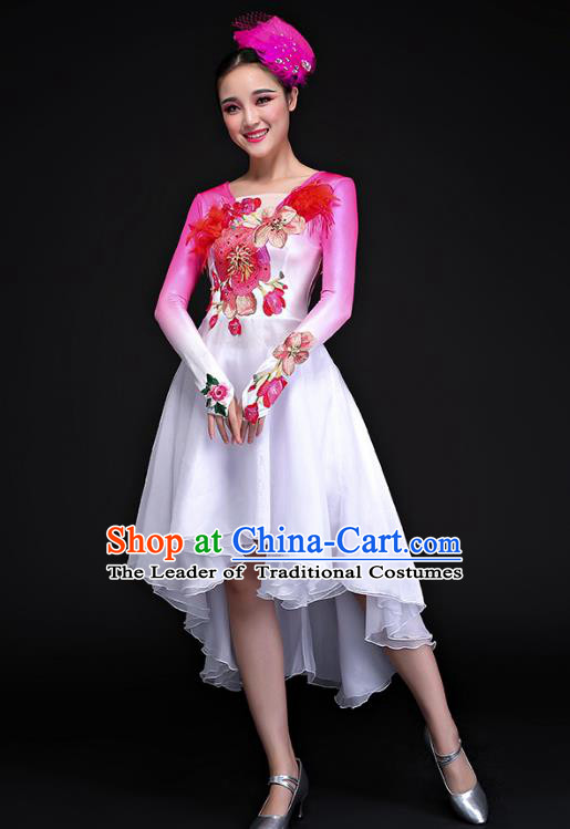 Traditional Chinese Modern Dance Embroidered Pink Costume, Opening Dance Chorus Dress Clothing for Women