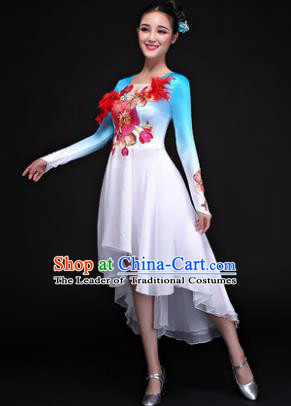Traditional Chinese Modern Dance Embroidered Blue Costume, Opening Dance Chorus Dress Clothing for Women