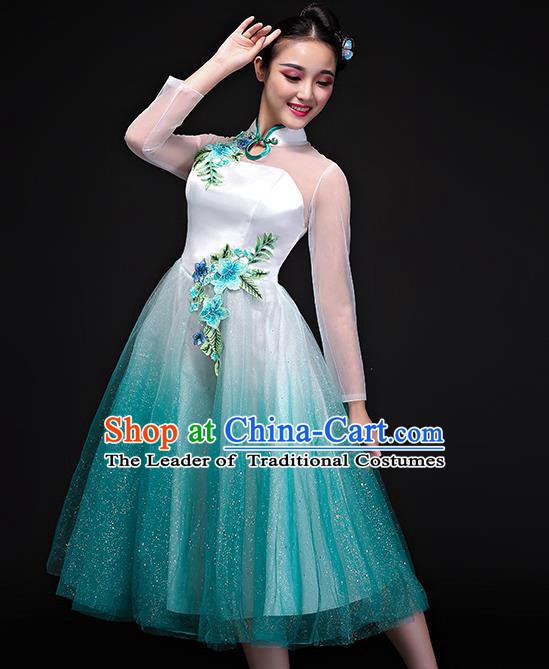 Traditional Chinese Modern Dance Green Bubble Dress, Opening Dance Chorus Clothing for Women