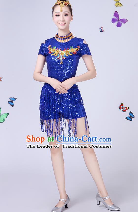 Traditional Chinese Modern Dance Opening Dance Jazz Dance Blue Paillette Uniform Folk Dance Chorus Costume for Women