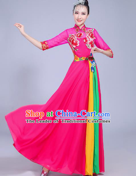 Traditional Chinese Modern Dance Opening Dance Clothing Folk Dance Chorus Rosy Dress Costume for Women