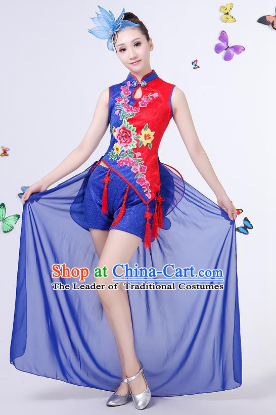 Traditional Chinese Modern Dance Opening Dance Clothing Jazz Dance Chorus Embroidered Blue Costume for Women