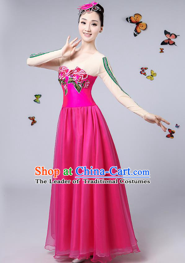 Traditional Chinese Modern Dance Opening Dance Clothing Chorus Rosy Big Swing Dress Costume for Women