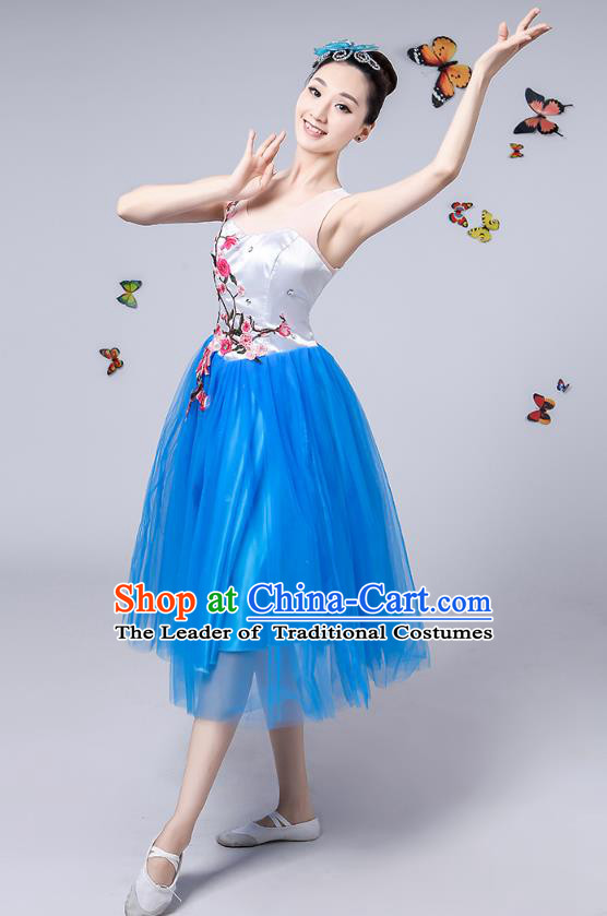 Traditional Chinese Modern Dance Opening Dance Clothing Chorus Blue Veil Dress Costume for Women
