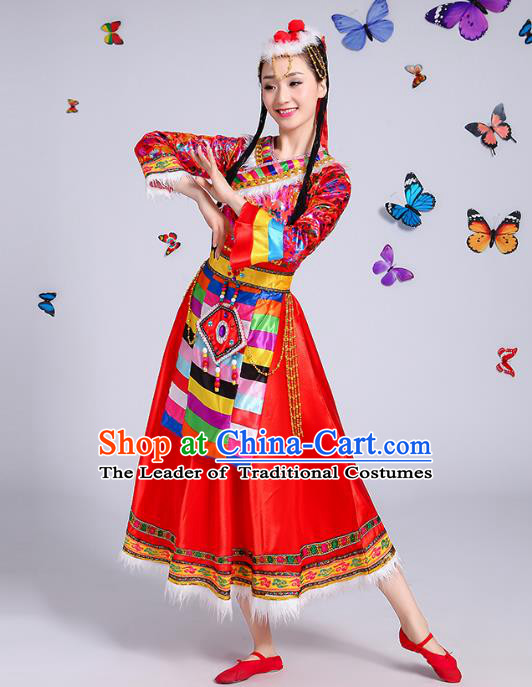 Chinese Traditional Mongol Nationality Dance Costume, Mongols Folk Dance Ethnic Minority Embroidery Red Dress Clothing for Women