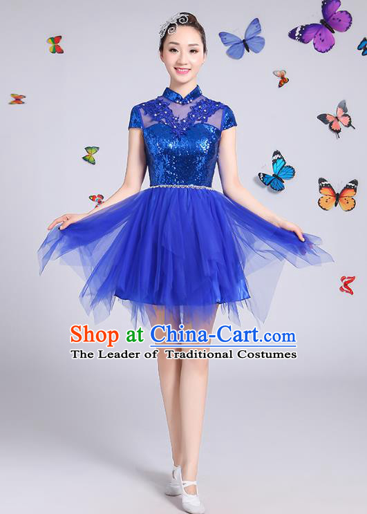 Traditional Chinese Modern Dance Opening Dance Clothing Chorus Blue Veil Bubble Dress Costume for Women