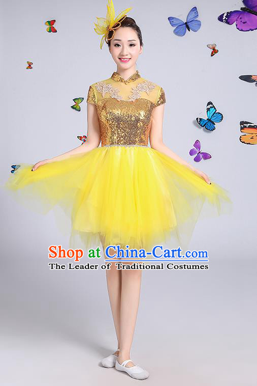 Traditional Chinese Modern Dance Opening Dance Clothing Chorus Yellow Veil Bubble Dress Costume for Women